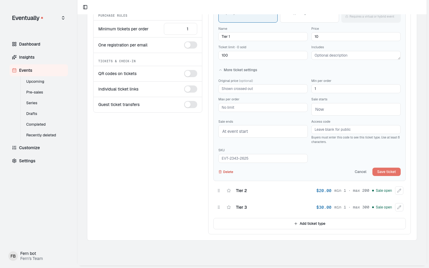 The ticket tier editor open with Name, Price, and Ticket limit visible, plus a collapsed settings section showing Original price (optional), Sale starts, and Sale ends