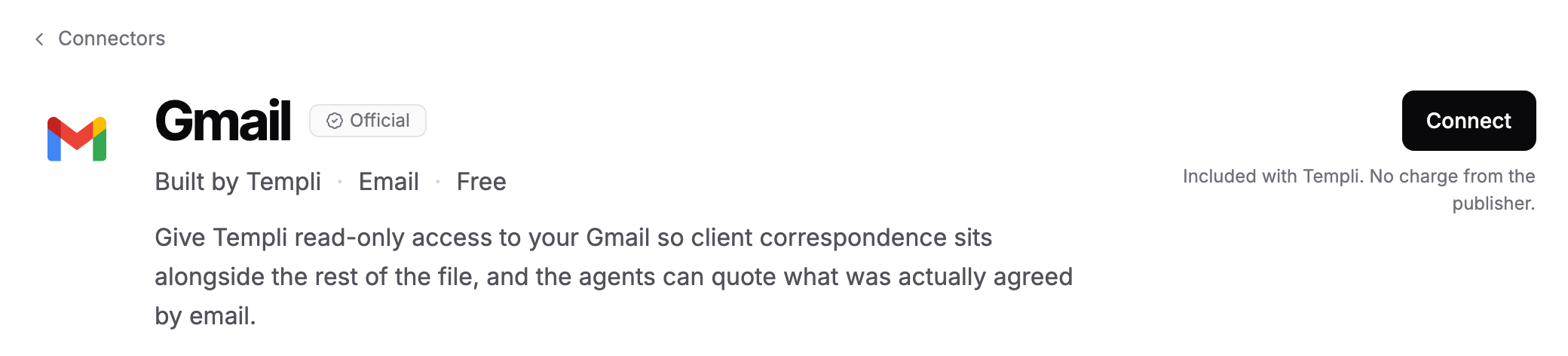 The Gmail connector page in Templi, with its description and the Connect button.