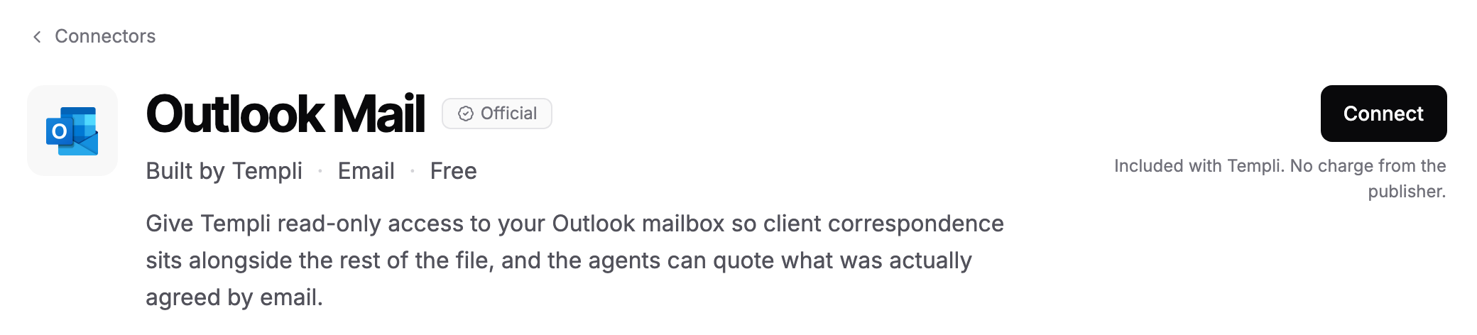 The Outlook Mail connector page in Templi, with its description and the Connect button.