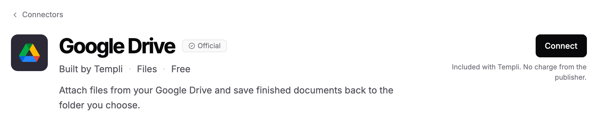 The Google Drive connector page in Templi, with its description and the Connect button.