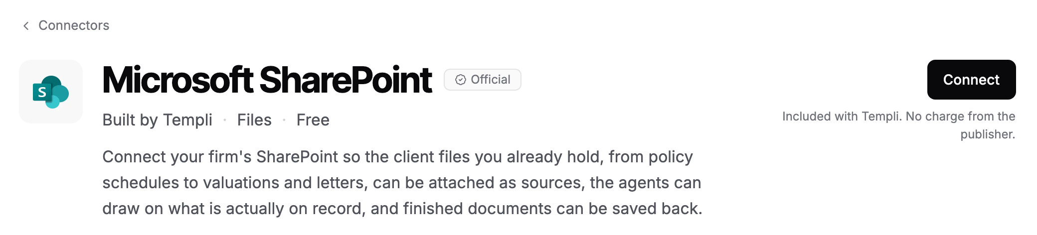 The Microsoft SharePoint connector page in Templi, with its description and the Connect button.