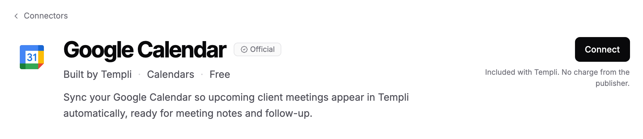 The Google Calendar connector page in Templi, with its description and the Connect button.