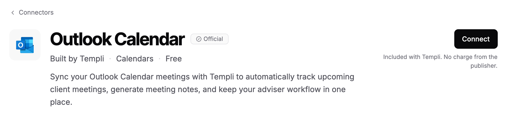 The Outlook Calendar connector page in Templi, with its description and the Connect button.