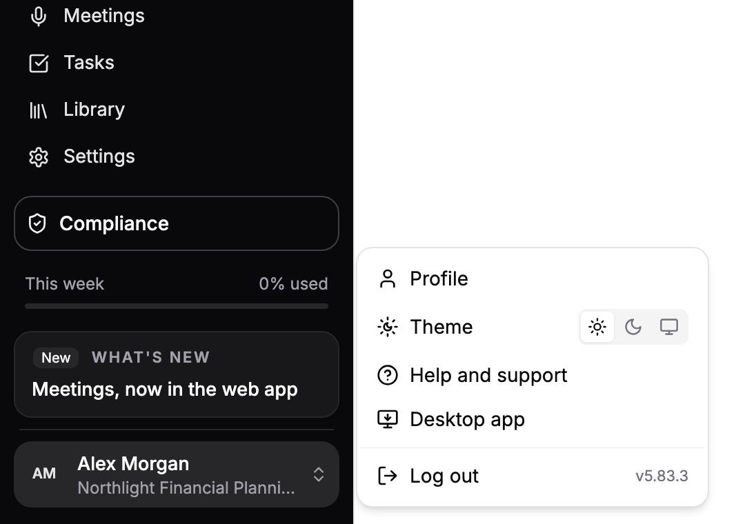 The menu that opens from your name at the bottom of the sidebar, with Profile, Theme, Help and support, Desktop app and Log out