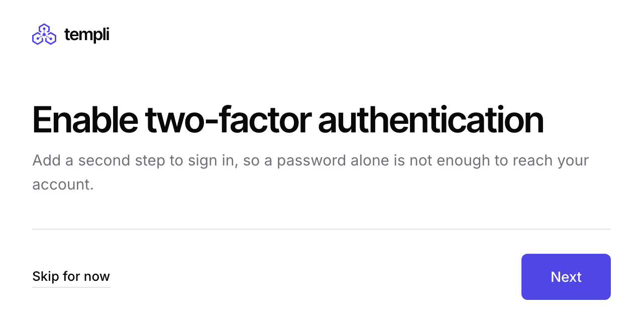 The Enable two-factor authentication page that opens after clicking Set up, with Skip for now and Next.