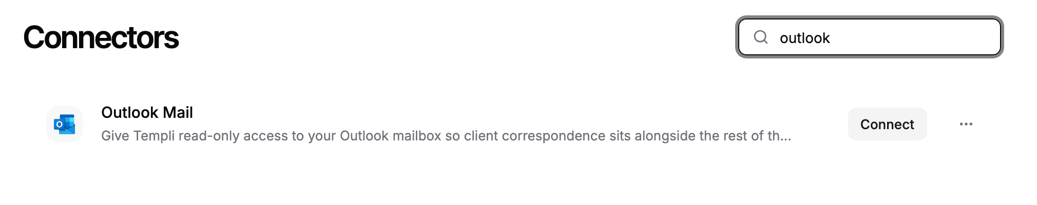The Connectors page with "outlook" typed in Search connectors, leaving only Outlook Mail in the list.