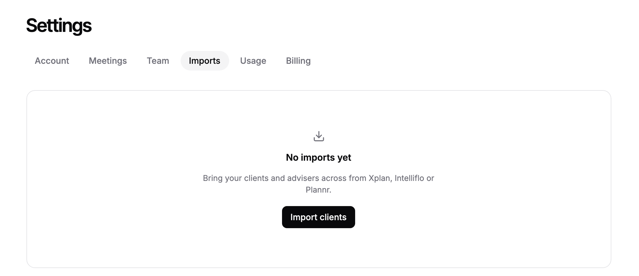 The Imports tab in Settings for a firm with no imports yet, with an Import clients button