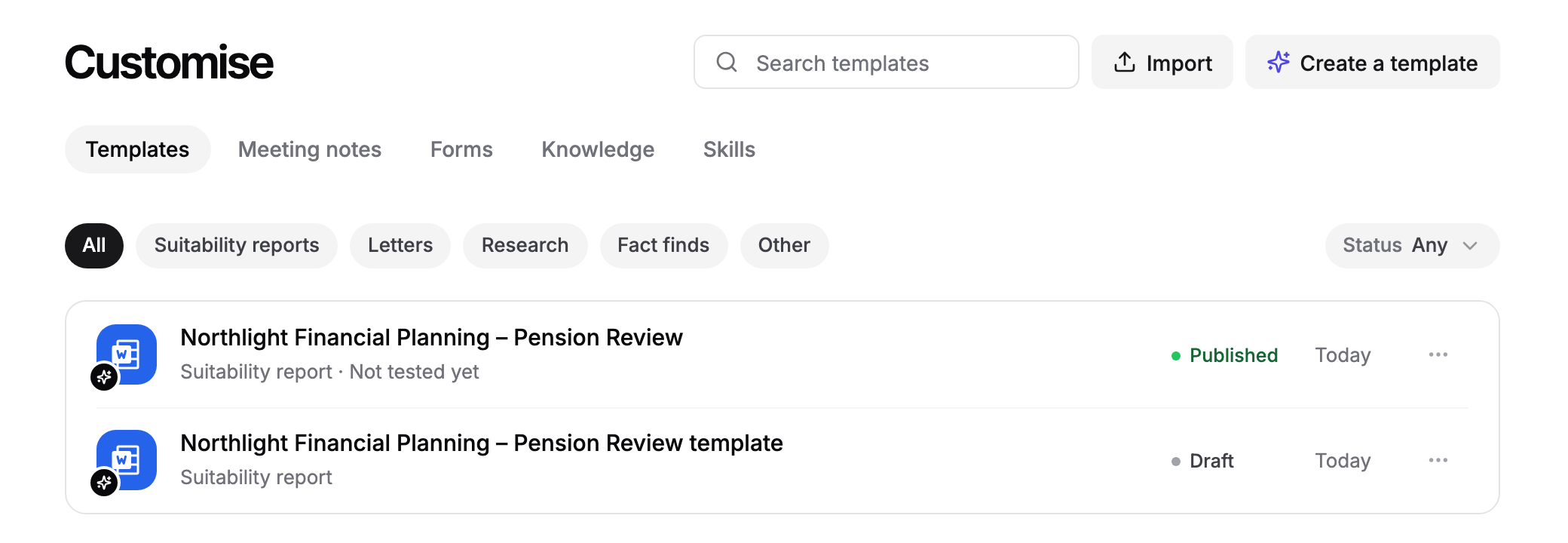 The Templates tab under Customise, with Search templates, Import and Create a template at the top and two Word templates listed below