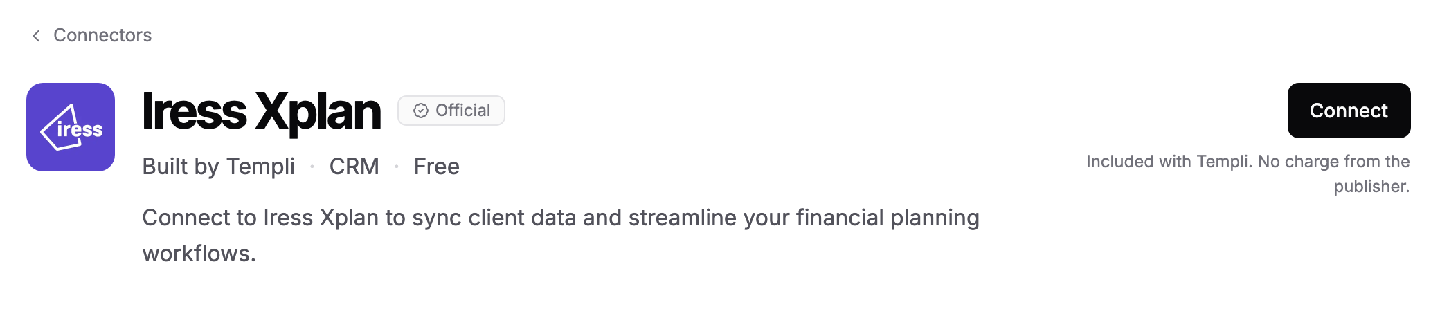 The Iress Xplan connector page in Templi, with its description and the Connect button.