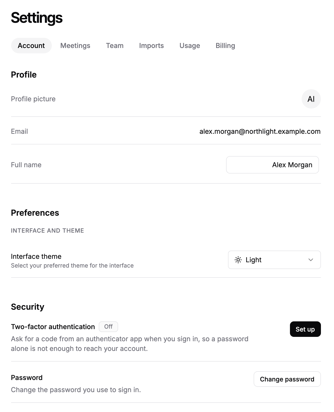 The Account tab in Settings, showing the Profile, Preferences and Security sections.