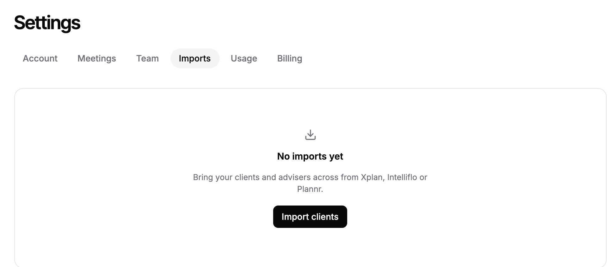 The Imports tab for a firm with no imports yet, with an Import clients button.