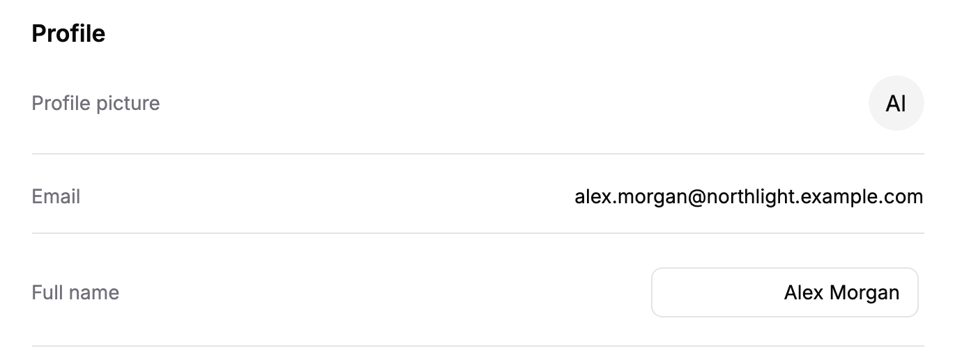 The Profile section with the profile picture, email address and the Full name field.