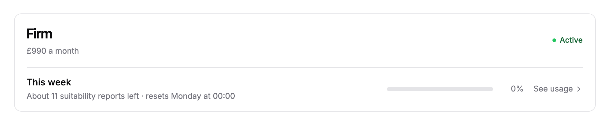 The top card on the Billing tab showing the Firm plan at 990 pounds a month, Active, with this week's usage.