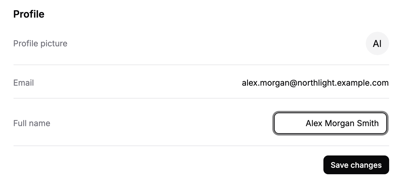 The Full name field after an edit, with the Save changes button now showing.