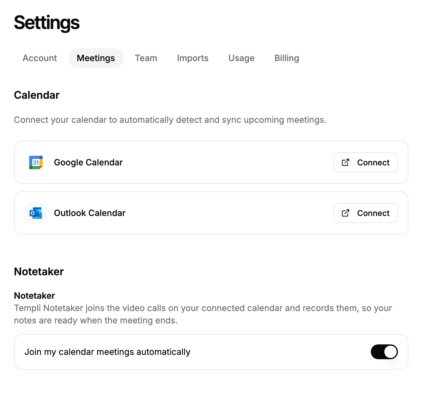 The Meetings tab in Settings with the Calendar and Notetaker sections.
