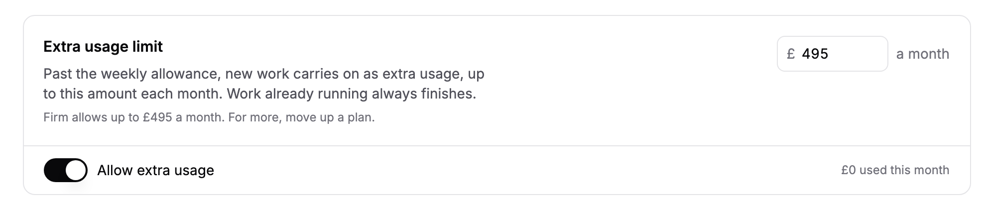 The Extra usage limit card with the monthly limit field and the Allow extra usage switch.
