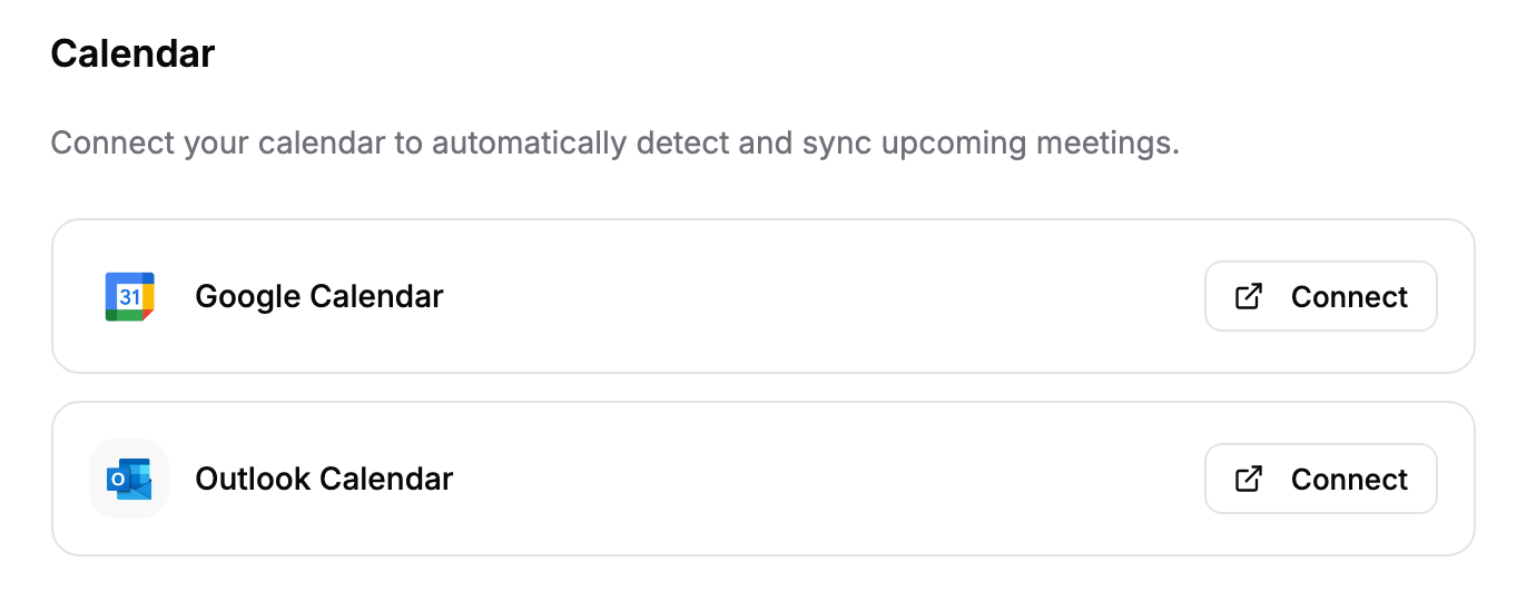The Calendar section with Connect buttons for Google Calendar and Outlook Calendar.