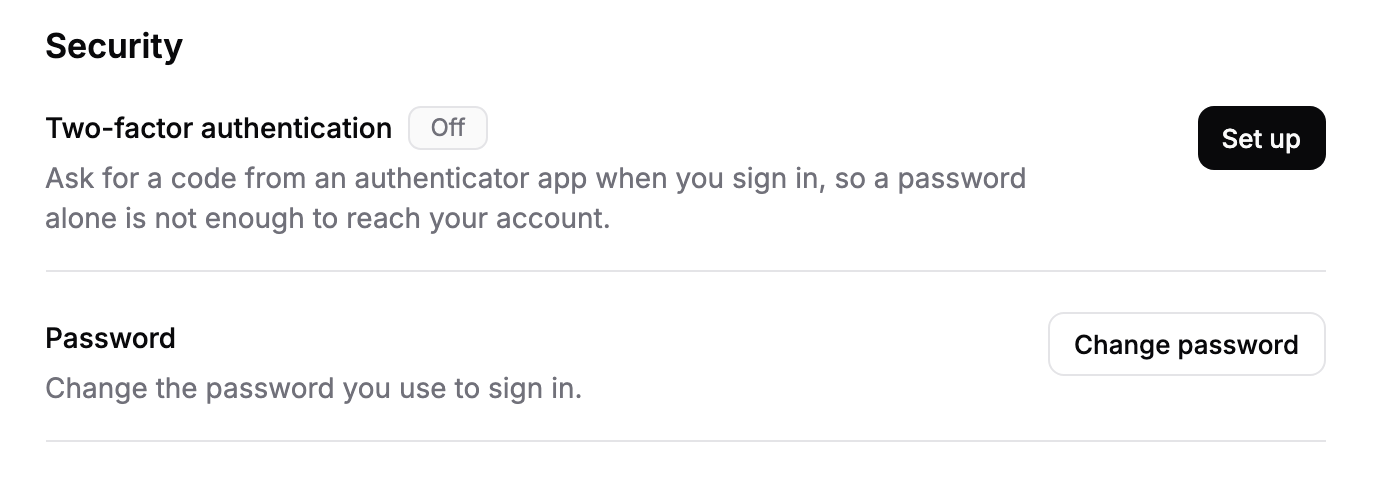 The Security section with the Two-factor authentication row set to Off with a Set up button, and the Change password button.