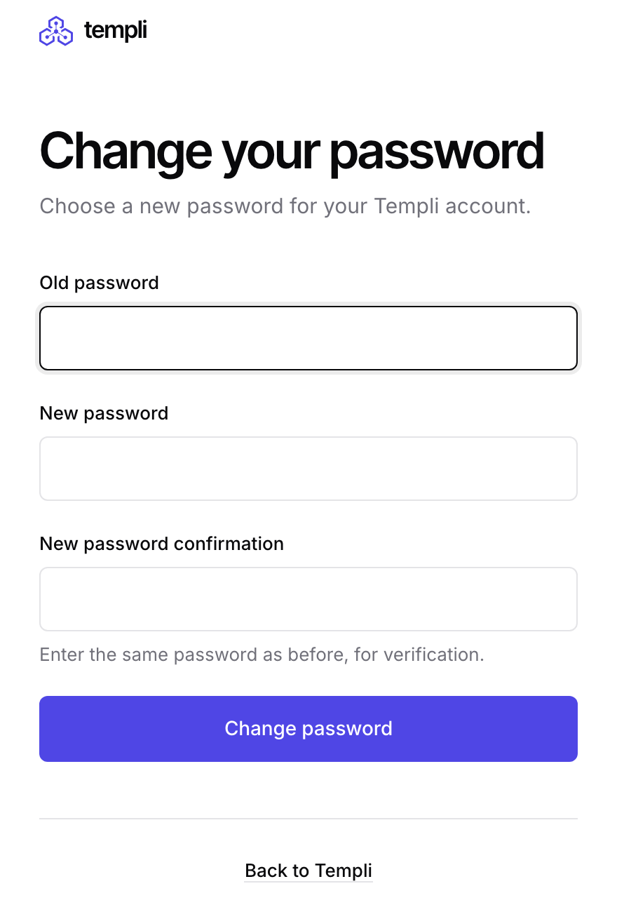 The Change your password page with Old password, New password and New password confirmation fields.