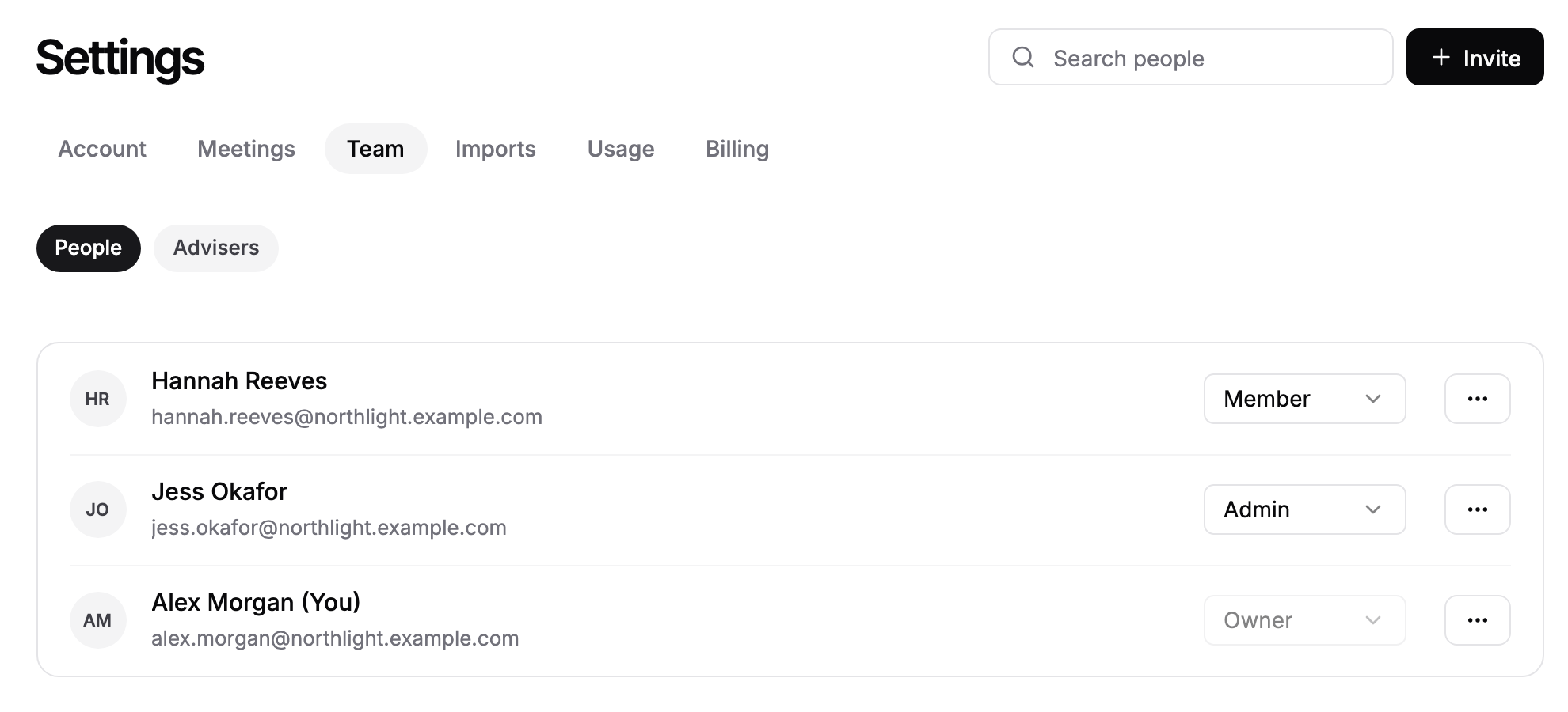 The People view of the Team tab, listing three team members with their roles, plus Search people and Invite.