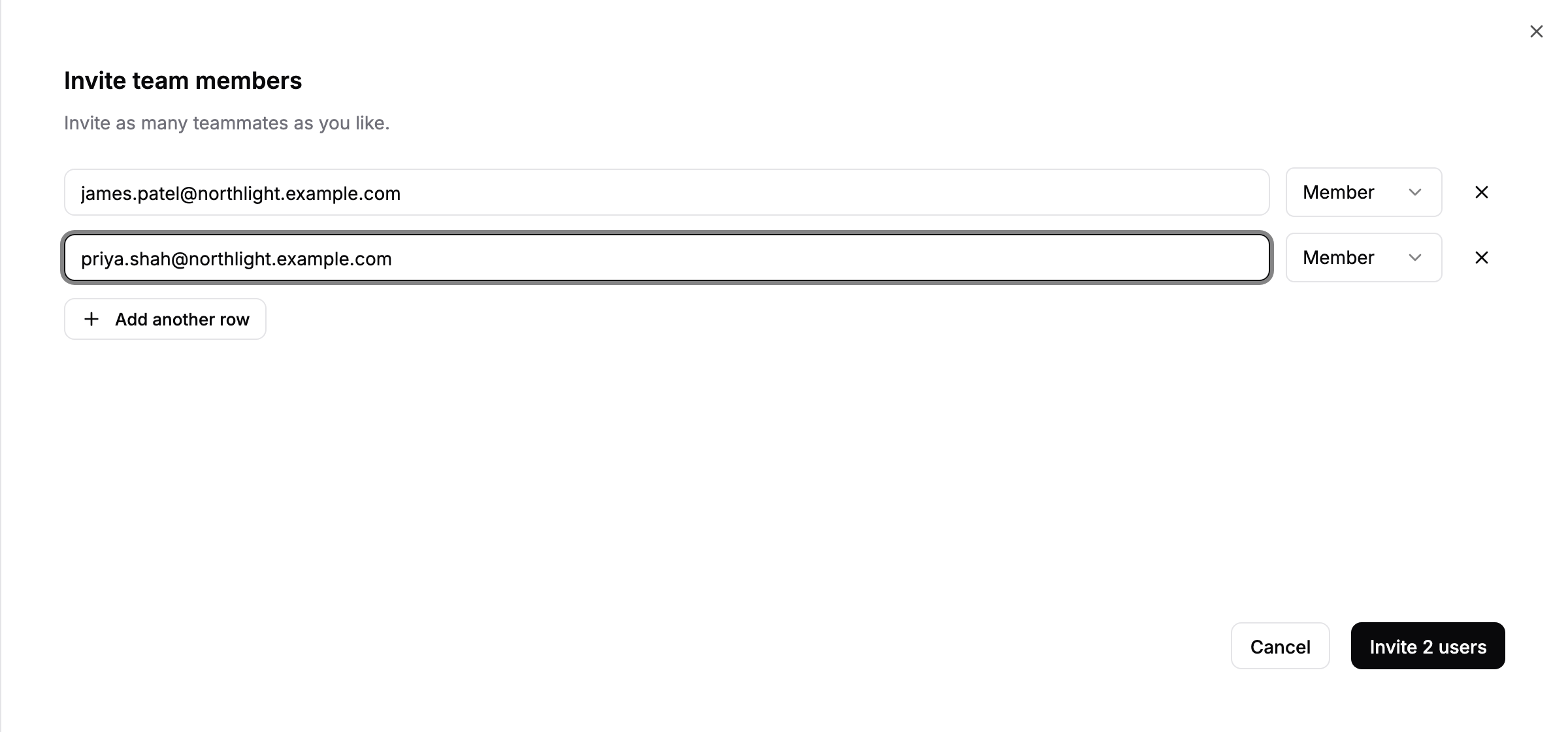 The Invite team members panel with two email addresses entered and an Invite 2 users button.
