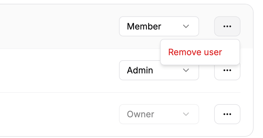 The ... menu on a team member row, showing Remove user.