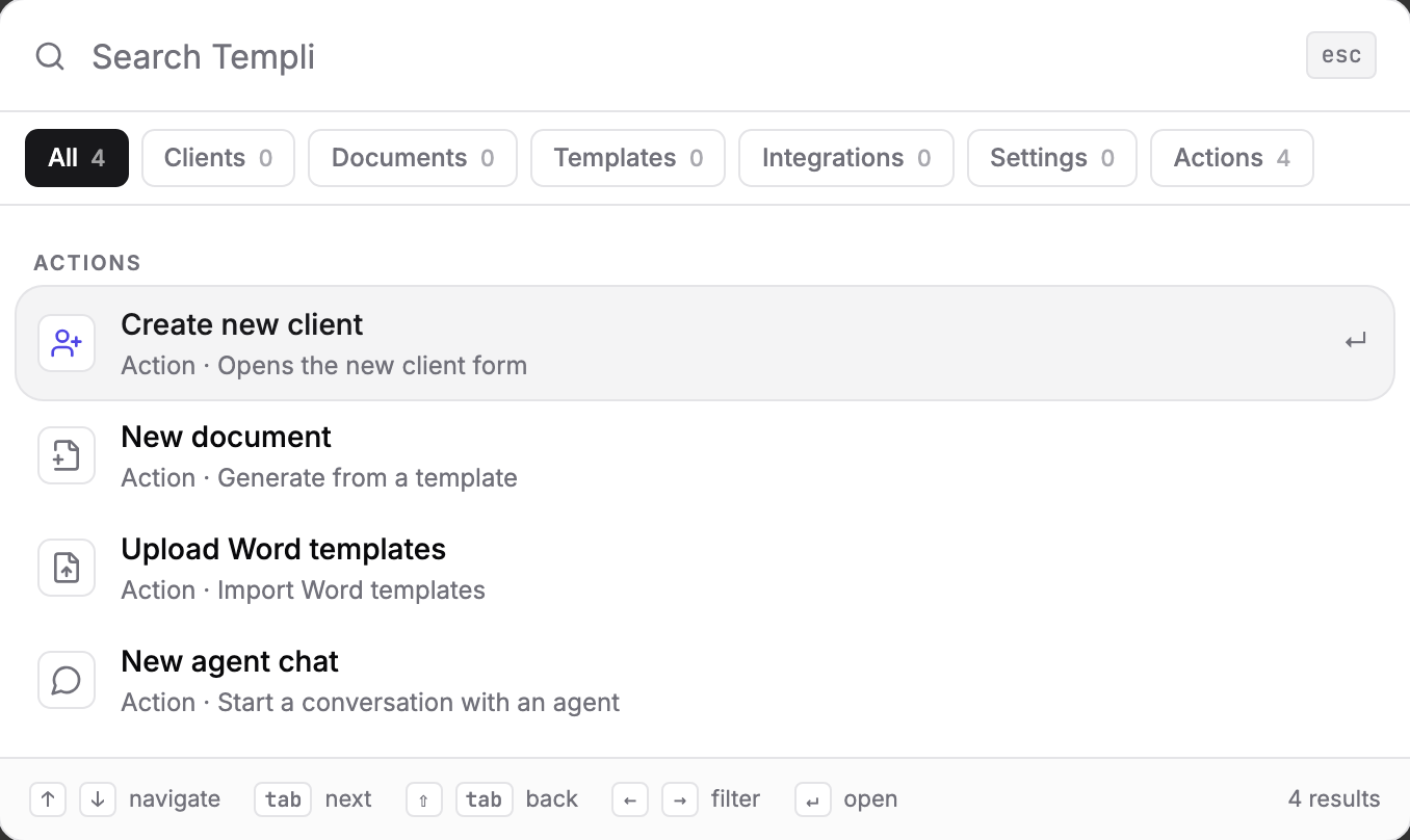 The Search Templi box open before anything is typed, with the filters All, Clients, Documents, Templates, Integrations, Settings and Actions above a list of actions