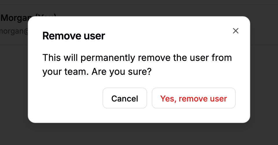 The Remove user confirmation, asking whether to permanently remove the user, with Cancel and Yes, remove user.