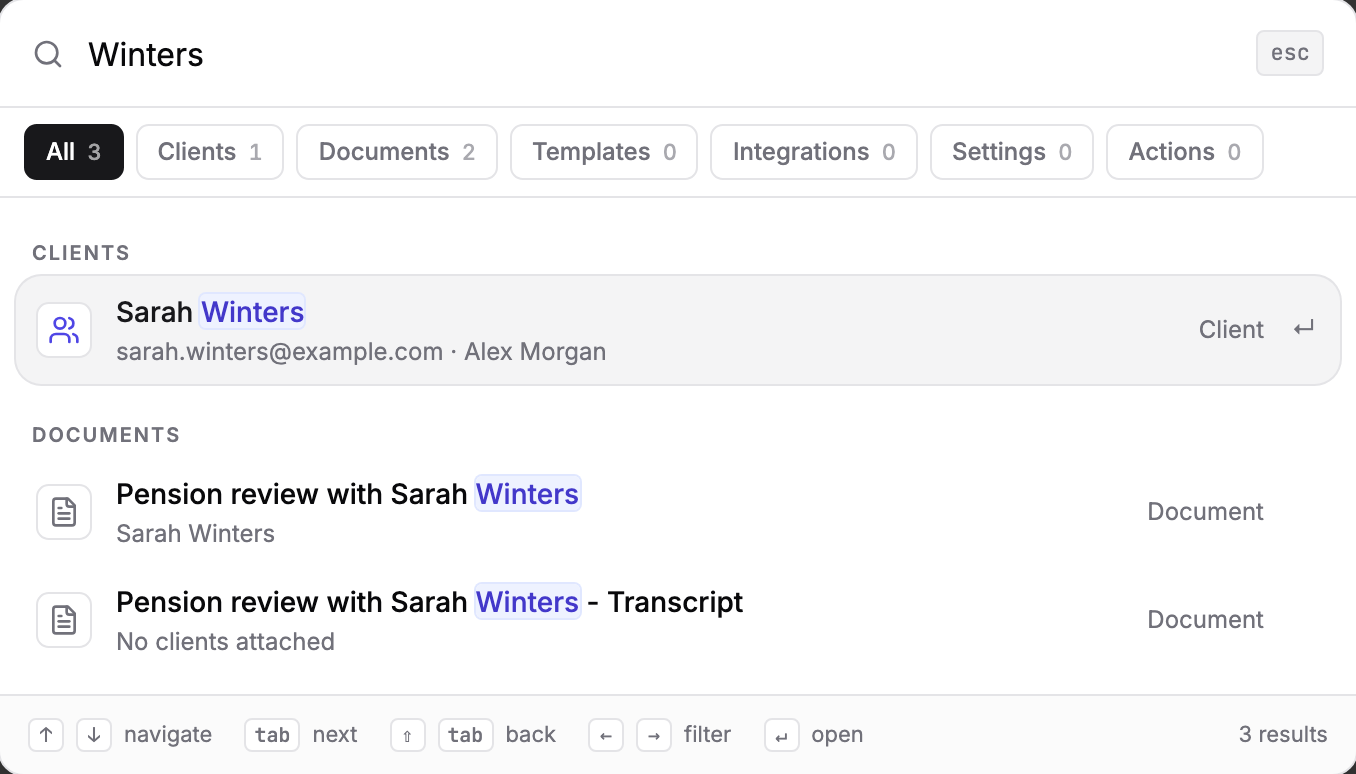 Search results for Winters, with the client Sarah Winters first and two documents below, and a count on each filter
