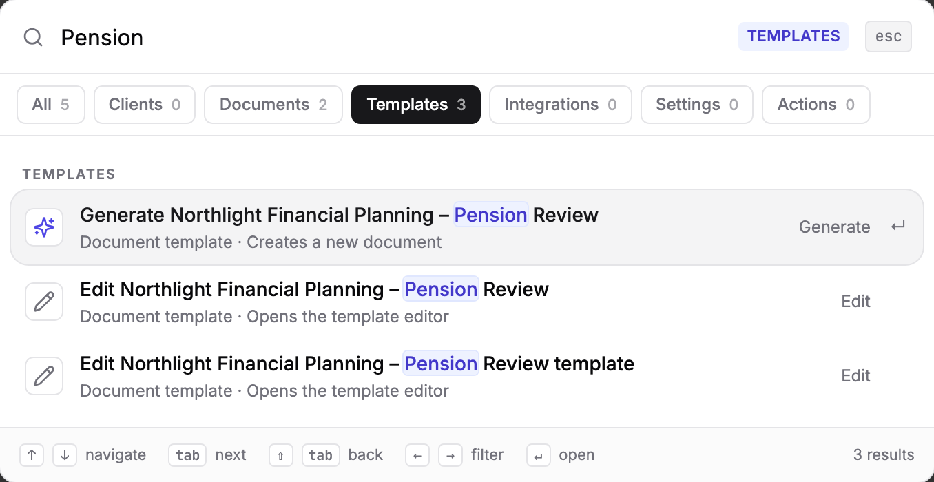 Search results for Pension with the Templates filter selected, showing a Generate result and two Edit results for the Northlight Financial Planning templates