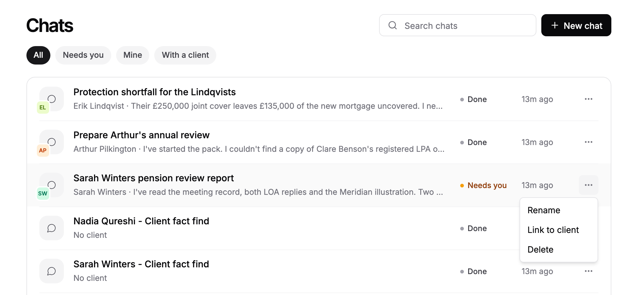 The menu that opens from the three dots on a chat row, with Rename, Link to client and Delete