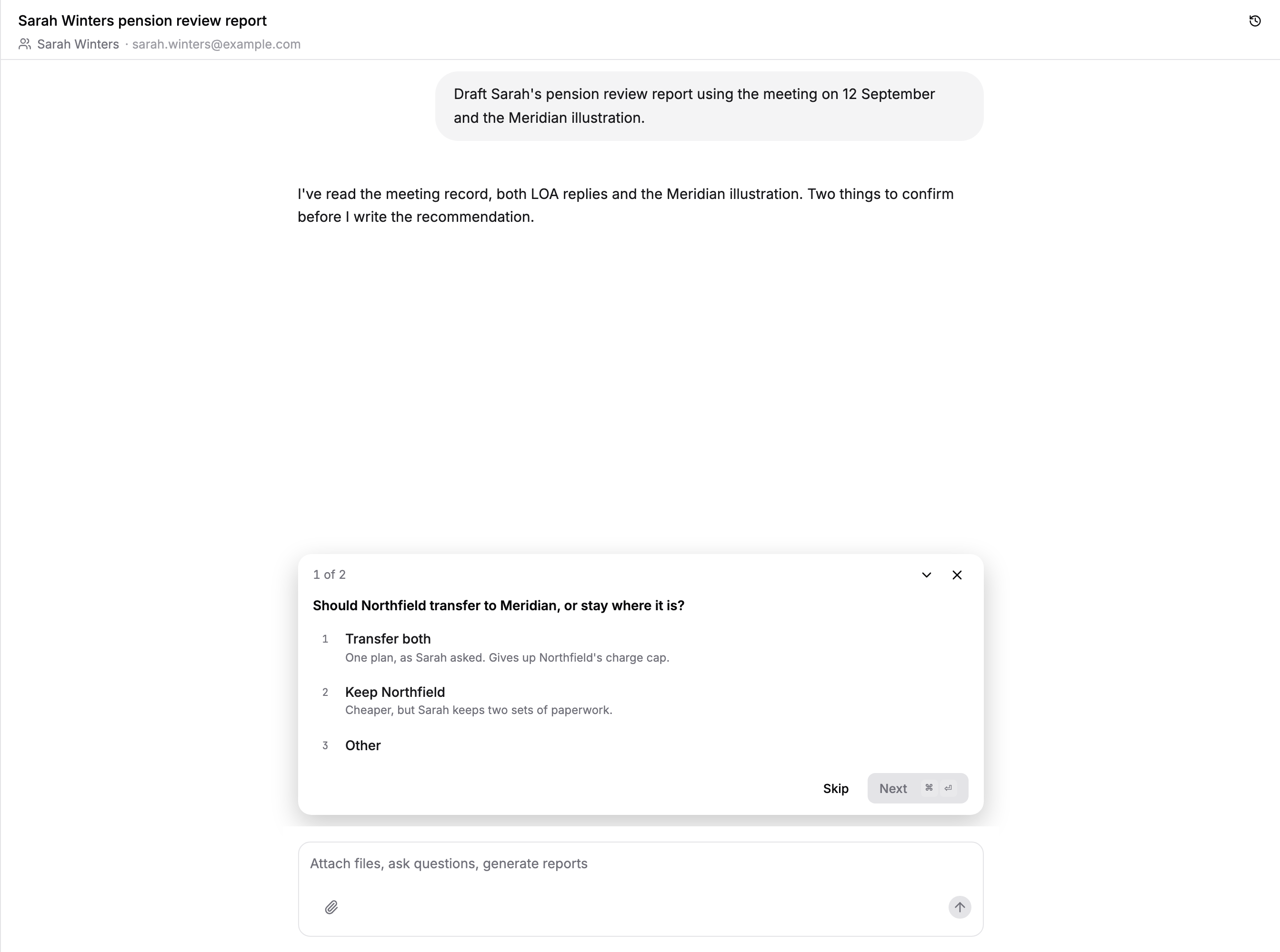 An open chat showing the conversation, a question from Templi waiting for an answer, and the message box with its paperclip at the bottom