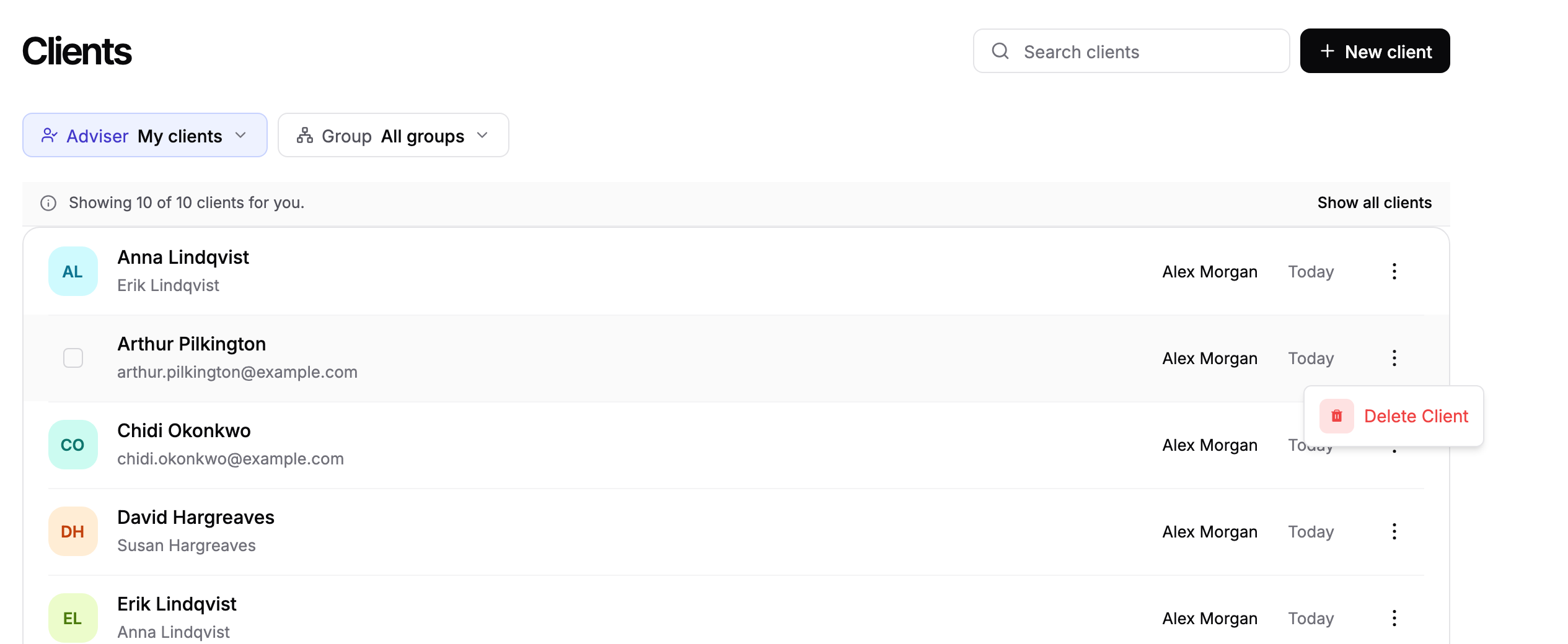 The Clients list with the menu open on one row, offering Delete Client