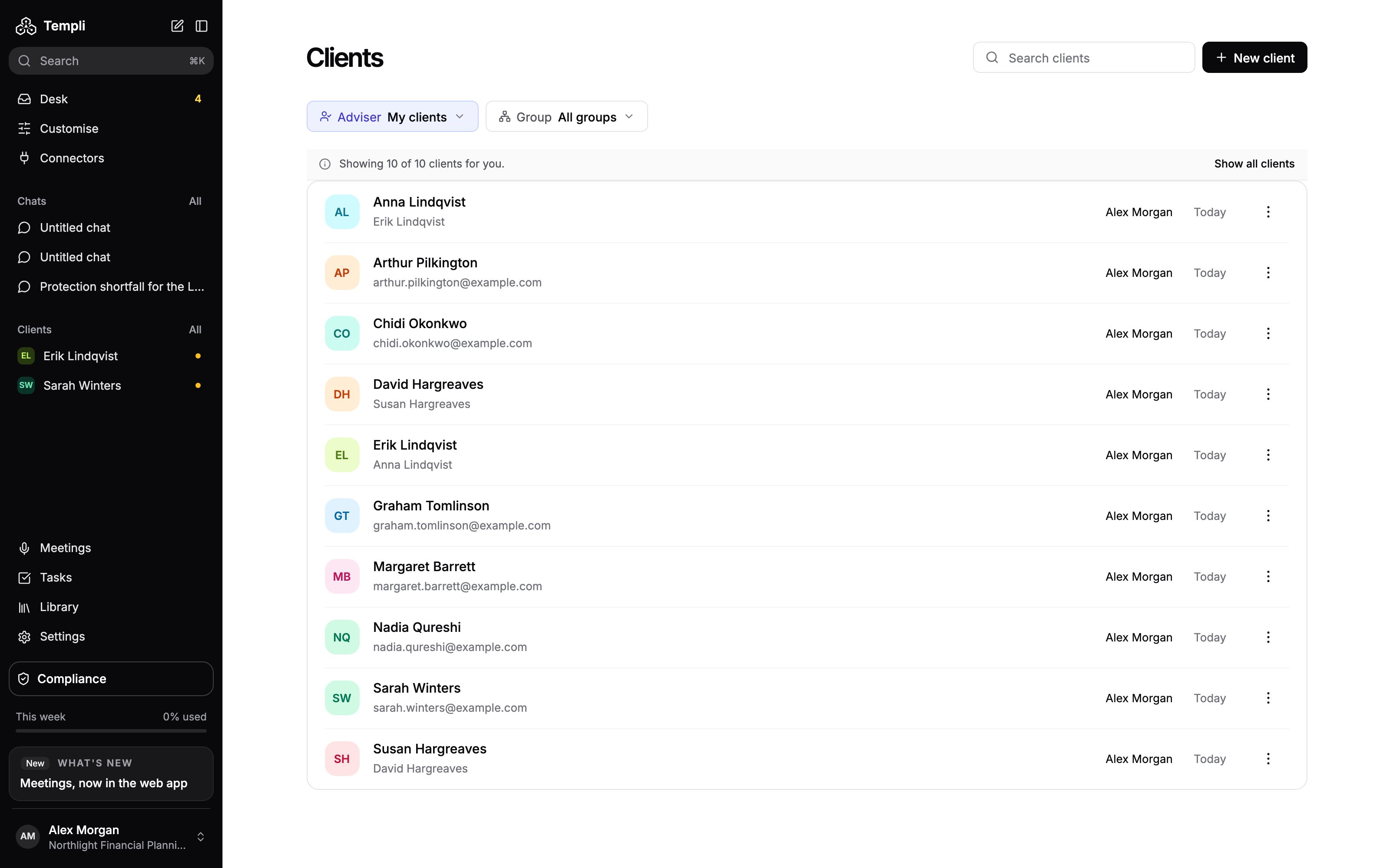 The Clients page listing ten clients with their household members or email, adviser and date, with Search clients and New client at the top.