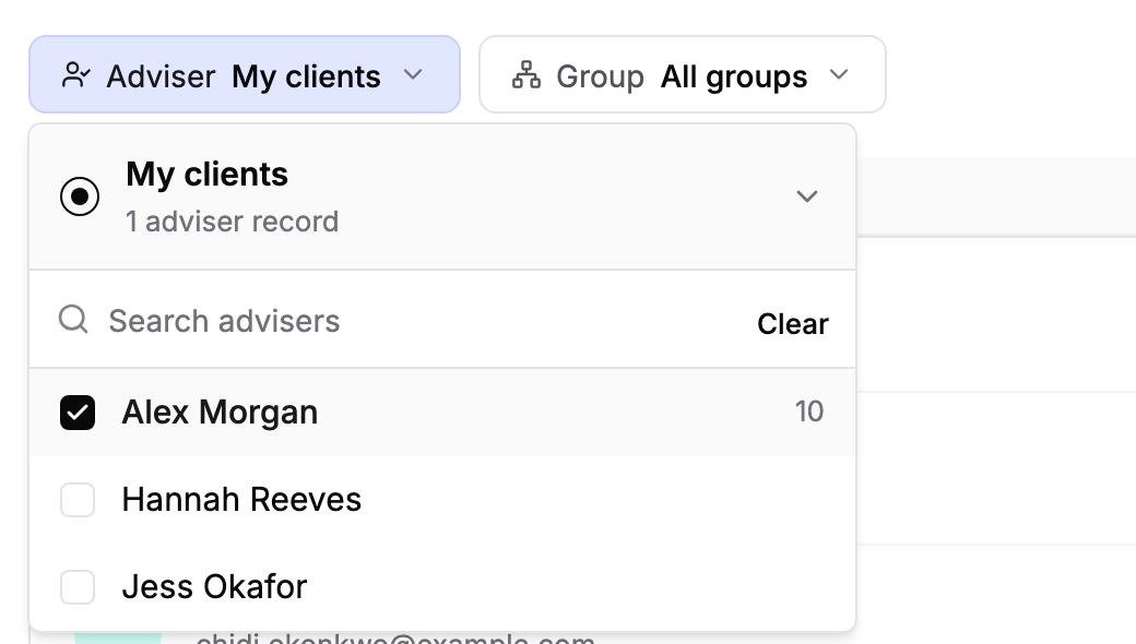 The Adviser filter open, with My clients selected and a list of advisers to tick.