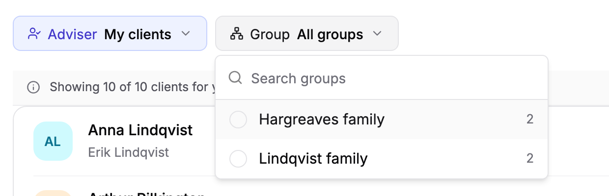 The Group filter open, listing the Hargreaves family and Lindqvist family groups.