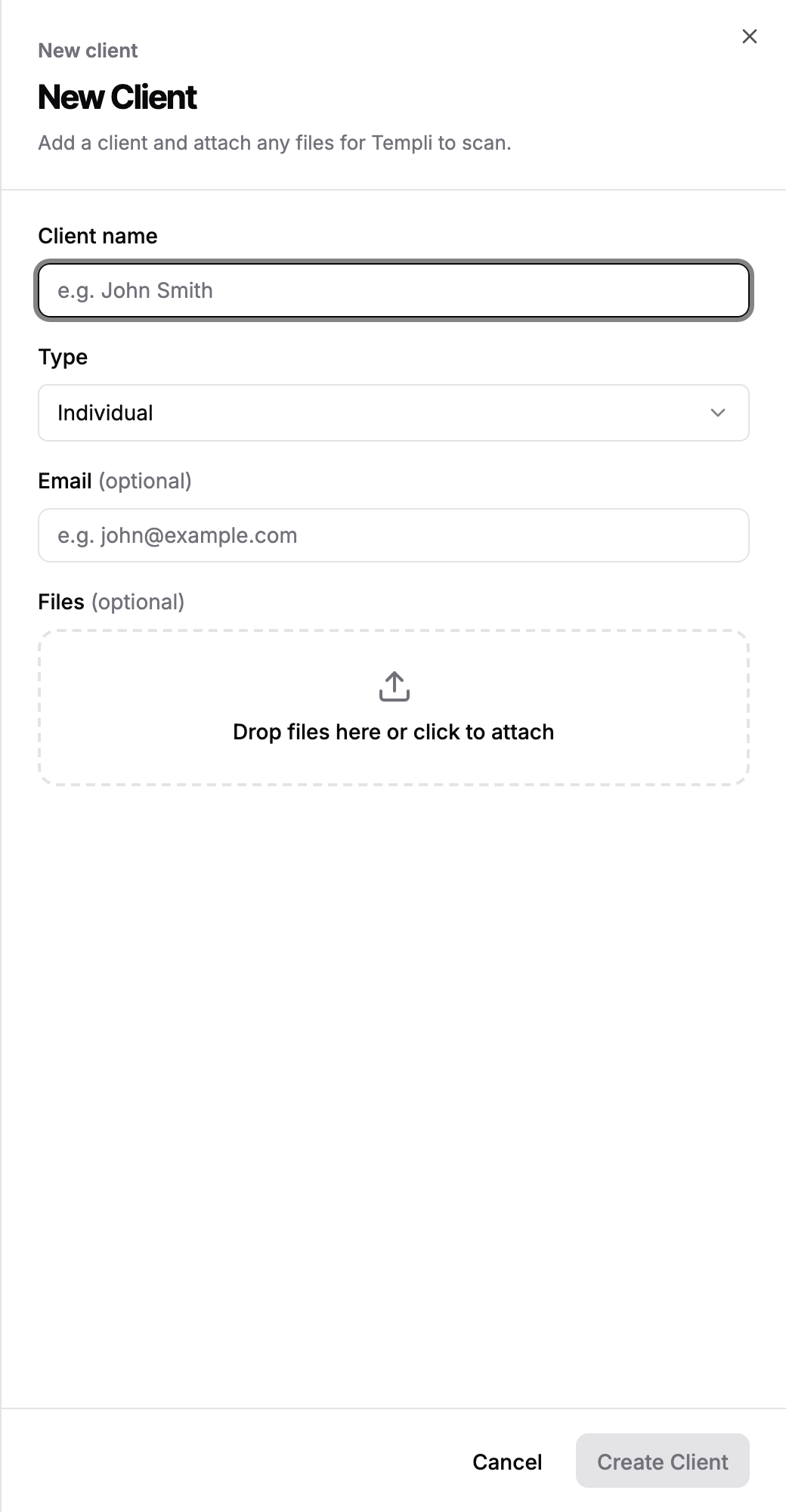 The New Client panel with Client name, Type, Email and Files fields and the Create Client button.