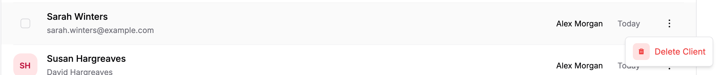 The three-dot menu on a client's row showing Delete Client.