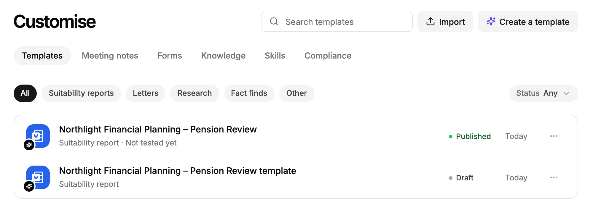 The Templates tab in Customise listing a published Pension Review template and a draft copy