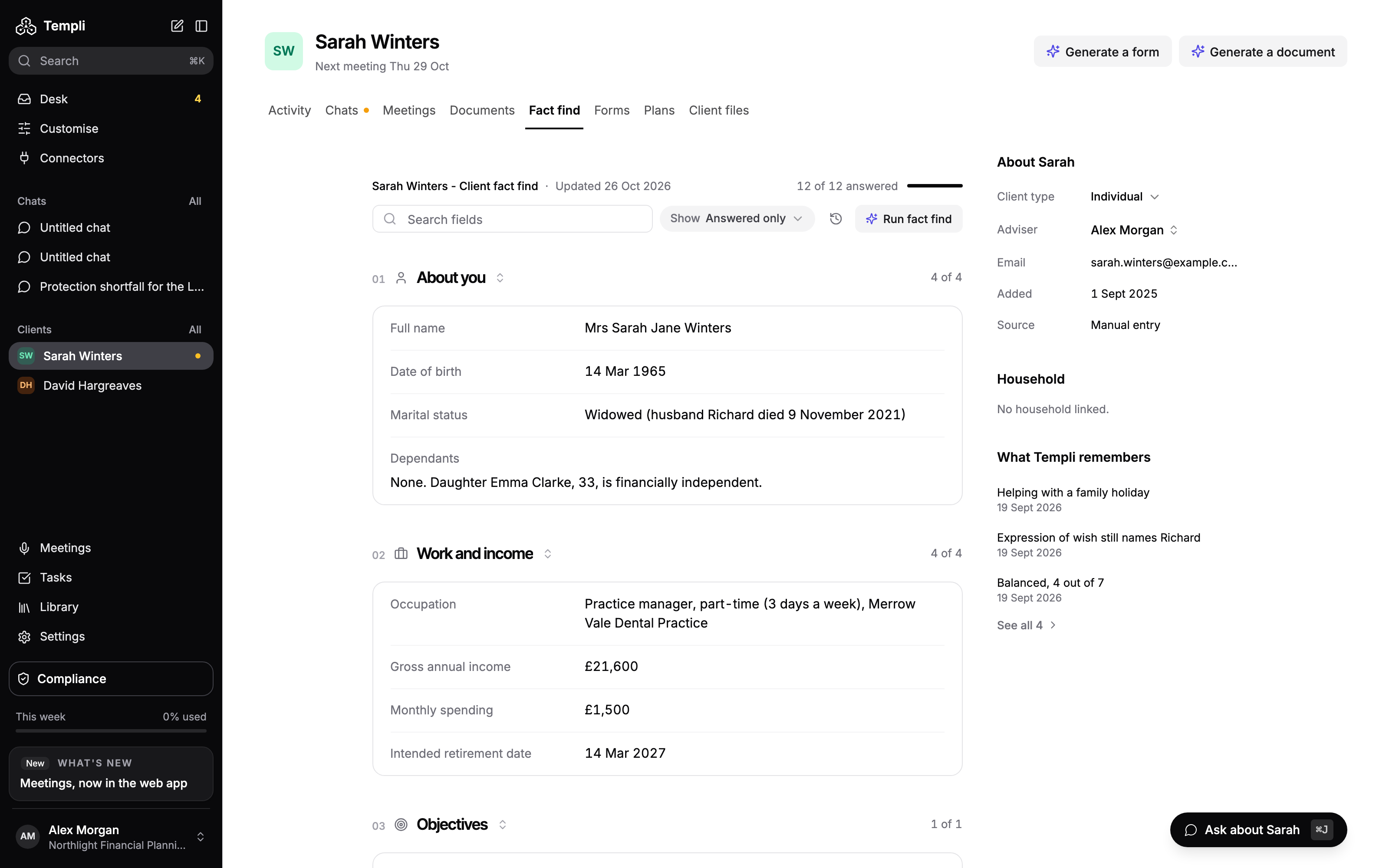 The Fact find tab for Sarah Winters, showing her completed fact find by section, with Search fields, Show Answered only, the history button and Run fact find above it.