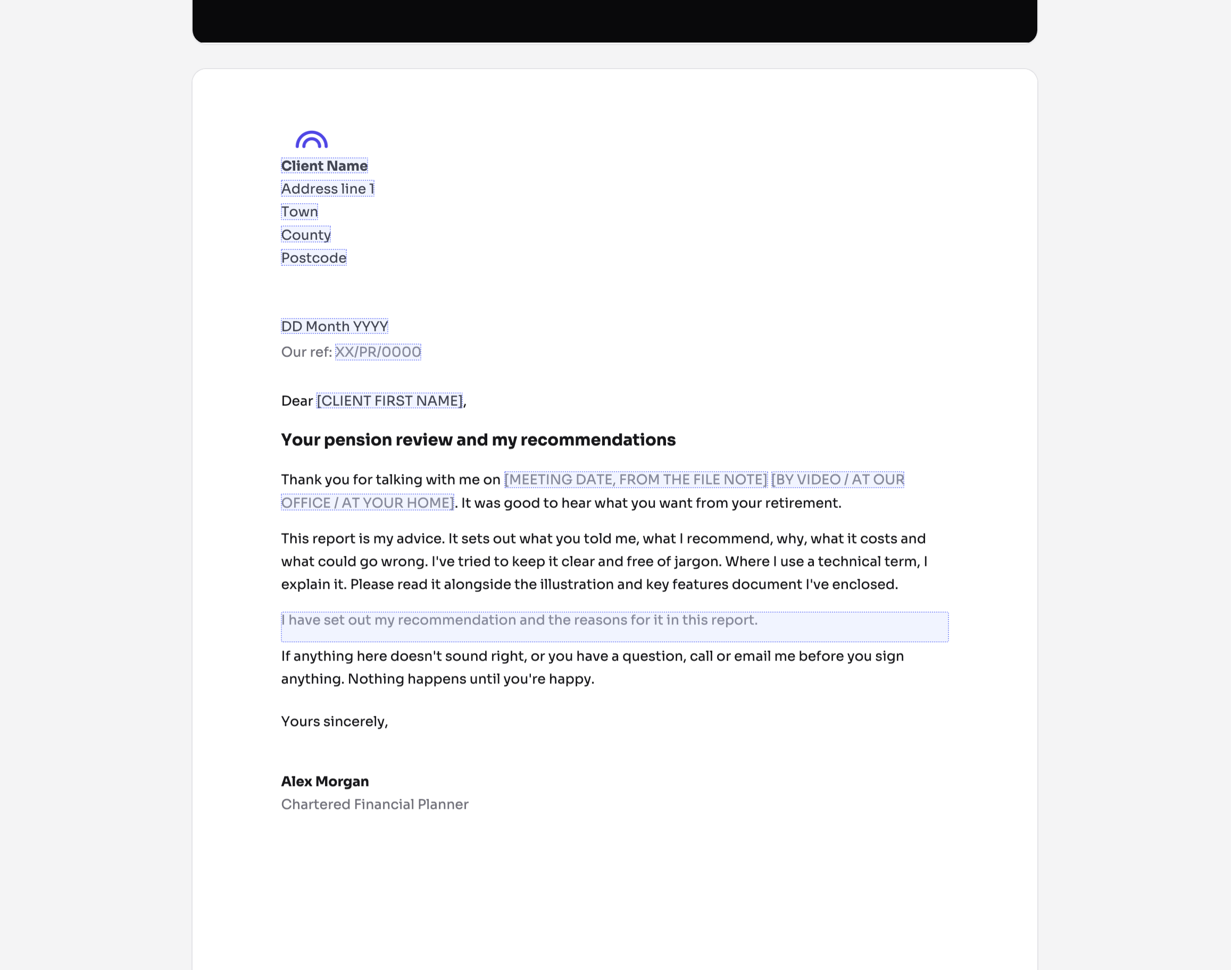 A Word template open in Templi with the tagged parts of the letter page highlighted