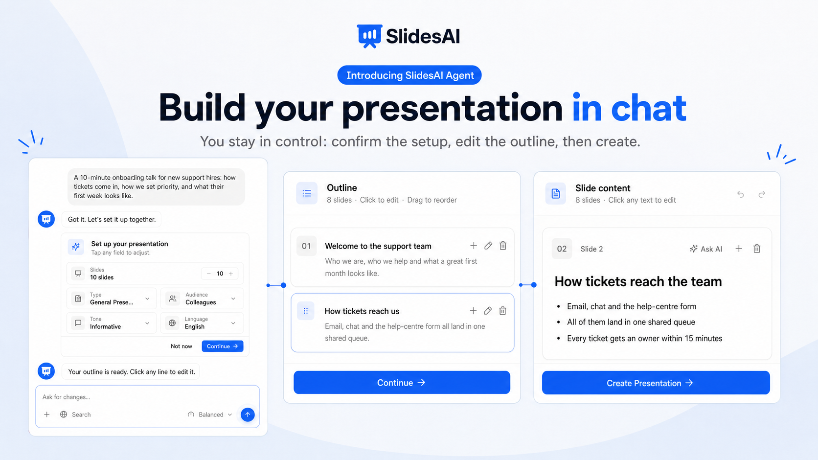 SlidesAI Agent: describe your talk in chat and confirm the setup, edit the outline, then review the slide text before you create.