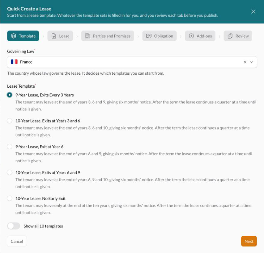 The Template step of Quick create, with Governing Law set to France and the 3/6/9 template selected