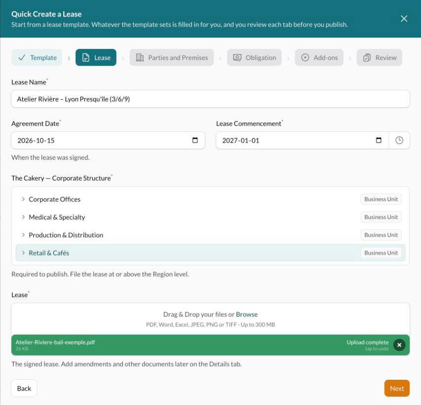 The Lease step of Quick create, with the lease name, agreement date, commencement date, lease file and organization structure