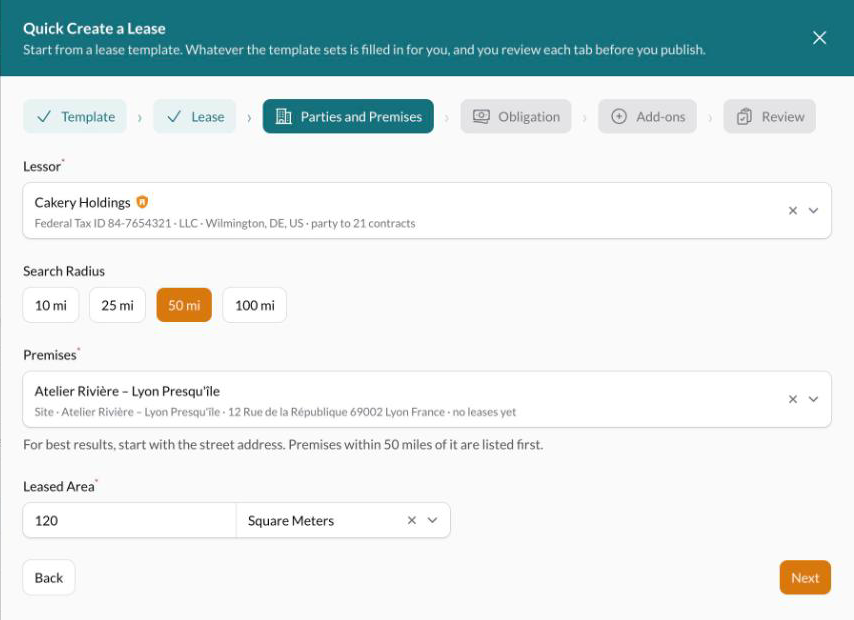 The Parties and Premises step of Quick create, with the lessor and premises search