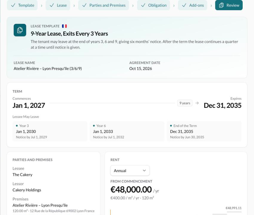The Review step of Quick create, showing the term, each exit with its notice deadline, the parties and projected rent