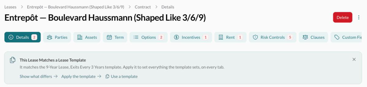 The This Lease Matches a Lease Template banner on a lease's Details tab, naming the matching template
