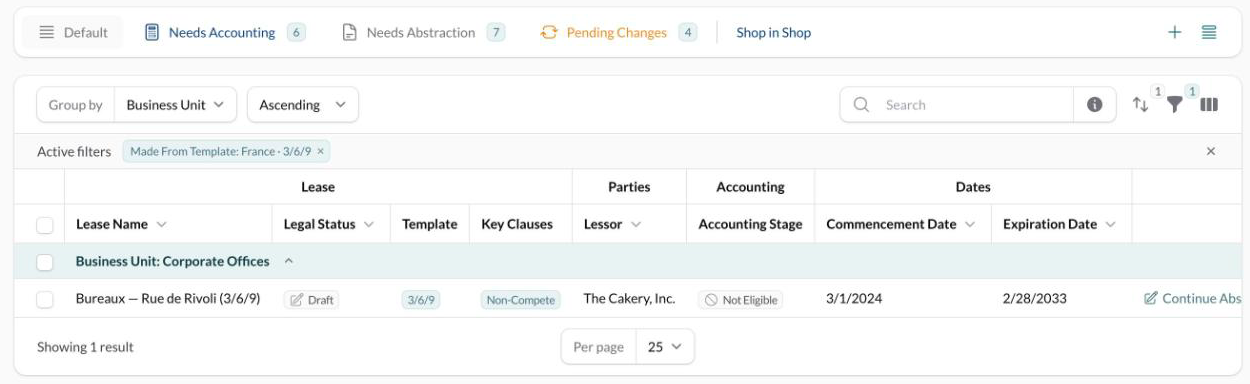 The Leases list with the Template and Key Clauses columns shown