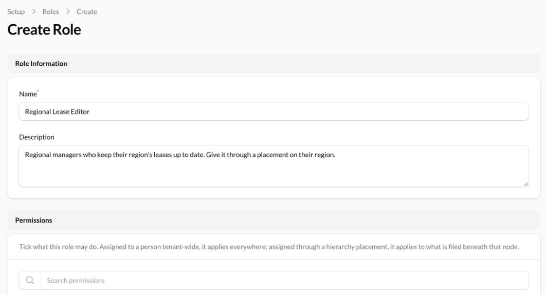 The New role form with a name and description