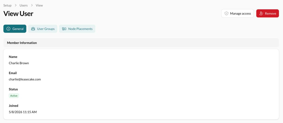 A member's page, with Manage access and Remove at the top